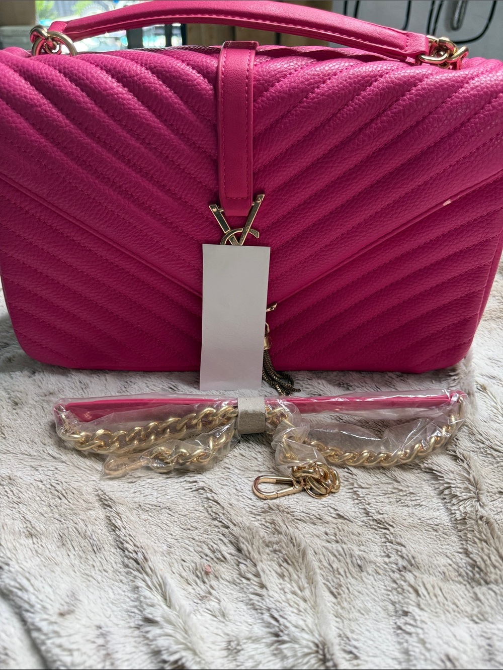 Hot Pink Quilted Top-Handle Shoulder Bag with Gold Chain